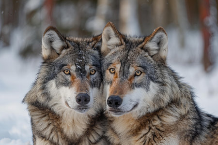 Two wolves in the winter forest. Close-up portrait.