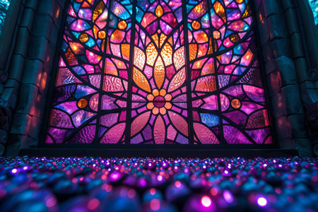 Colorful stained glass window in the church, abstract background with copy space
