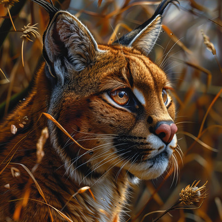 Portrait of a beautiful lynx in the autumn forest. Digital painting.
