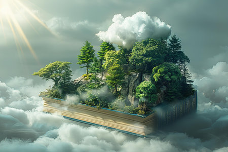 Fantasy landscape with trees and book. 3D Rendering.の写真素材