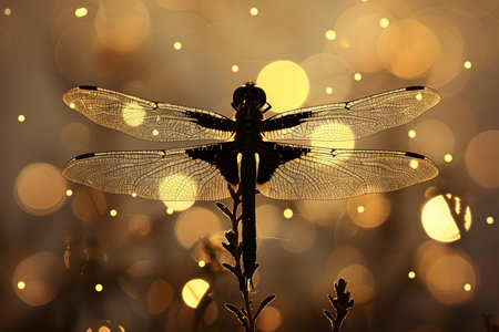 Beautiful dragonfly sitting on a branch with bokeh backgroundの写真素材