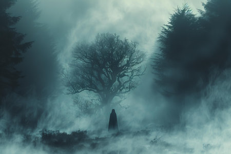 Mysterious dark forest with foggy tree and witch. Halloween background