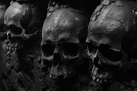 Skulls on black background. Halloween concept. Black and white photo.の写真素材