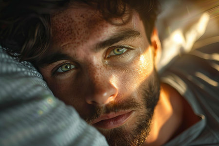 Close up portrait of a young man lying in bed and looking at cameraの写真素材