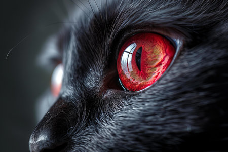 Eye of a black cat close-up. Red eye of a cat.の写真素材