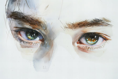 Close-up image of two women's eyes with painted faces.の写真素材