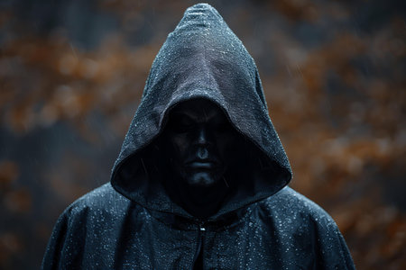 Portrait of a man in a dark raincoat and hood.の写真素材