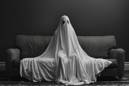 Halloween ghost with white cloth on sofa in dark room. 3d renderingの写真素材