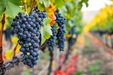 Bunches of red wine grapes on vineyards in autumn harvest