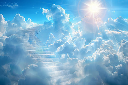 Staircase in the sky with sun rays. 3D renderingの写真素材