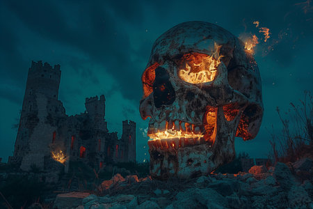 Skull in the ruins of the castle at night. 3d illustrationの写真素材