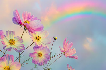 Cosmos flowers and rainbow in the sky. Colorful background.の写真素材