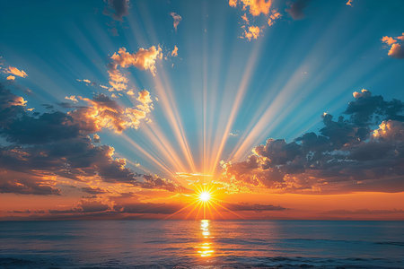 Sunset over the sea with sun rays and clouds. Nature composition.の写真素材