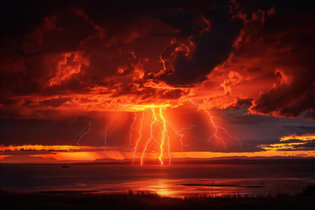 Dramatic sunset over the sea with thunderclouds and lightningの写真素材