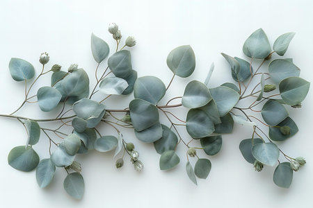Eucalyptus branches on white background. Flat lay, top view.の写真素材