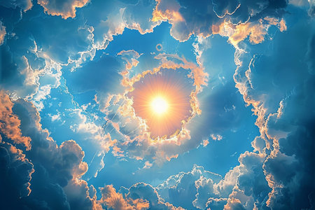 Sun and clouds in the sky. 3d rendering toned imageの写真素材