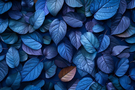 Colorful leaves on blue background. Flat lay, top view.の写真素材