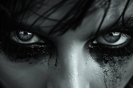 Close-up portrait of a beautiful woman with black eyes and makeupの写真素材
