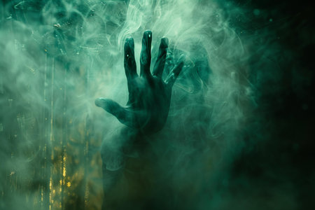Hands of a man in the smoke on a dark background.の写真素材