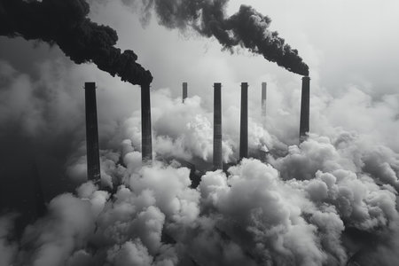 Factory chimneys polluting the atmosphere. Pollution of environment conceptの写真素材