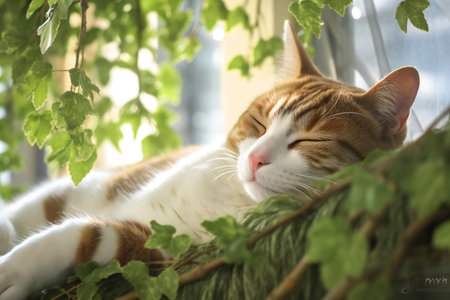 Cute cat sleeping on a tree branch. Relaxing cat.の写真素材