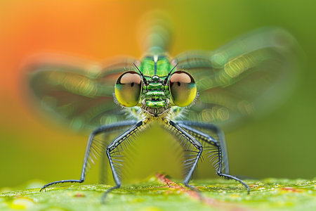 Close up of a dragonfly on a green leaf in nature.