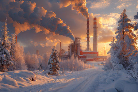 Power plant in the winter forest at sunset. Russia, Siberia.の写真素材