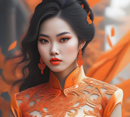 Beautiful asian woman in orange Chinese costume. 3d renderingの写真素材