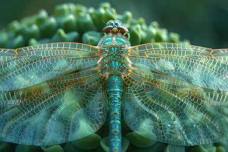 Dragonfly on a green leaf. Close-up. 3D renderingの写真素材