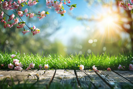 Spring background with blooming sakura flowers on old wooden planksの写真素材