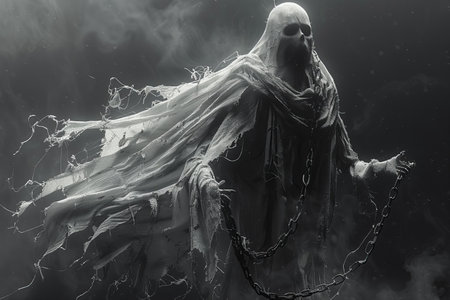 Scary ghost with chain around his neck. Black and white imageの写真素材