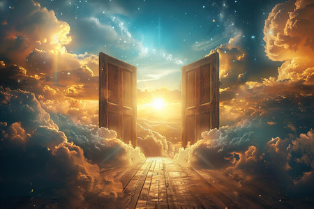 Open door to heaven with bright light and clouds. 3D renderingの写真素材