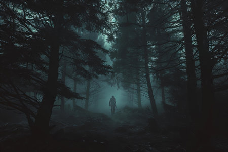 Mysterious foggy dark forest with a silhouette of a man in the middle