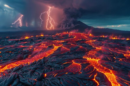 Volcanic eruption with lava and lightning. 3D illustration.