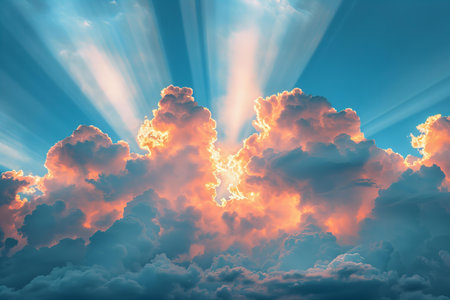 Sunset sky with clouds and rays of light. Nature background.