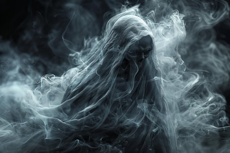 Mysterious ghost in white smoke on black background. Halloween concept.
