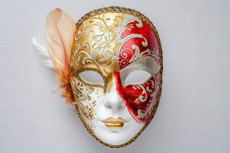 Beautiful Venetian mask with feathers on white background, Venice, Italy