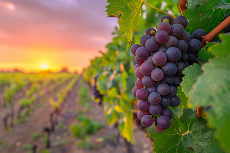 Ripe red grapes in vineyard at sunset, Chianti, Tuscany, Italyの写真素材