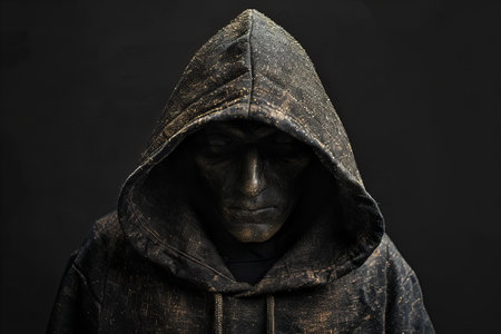 Hooded man in a black hoodie on a dark backgroundの写真素材