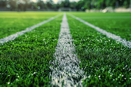 Close up of soccer field with green grass and white line background.