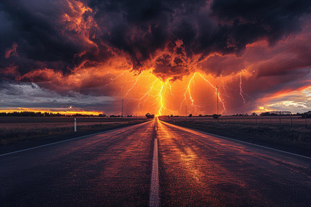 Dramatic thunderstorm over an empty highway in the countryside.