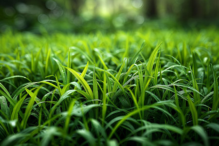 Green grass in the forest. Shallow depth of field. Selective focus.の写真素材