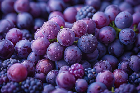 Closeup of a bunch of ripe black and purple grapes with water drops