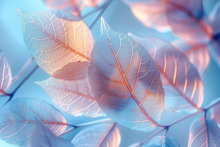 3d render, abstract background with autumn leaves, blue toned
