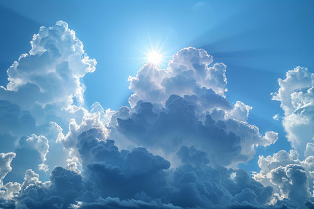 Clouds in the blue sky with sunbeams and lens flare