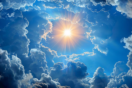 Blue sky with white clouds and sun. Nature background. 3d rendering