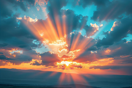 Dramatic sunset sky with sunbeams and clouds. Nature background