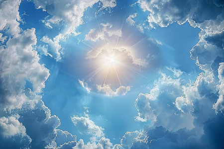 Clouds in the blue sky with sun rays. 3d renderingの素材