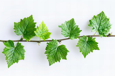 Green leaves of grapes on a white background. Flat lay, top view.の素材