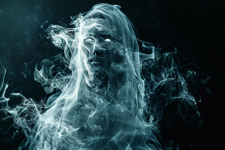 Portrait of a man in smoke on black background. Halloween theme.の素材